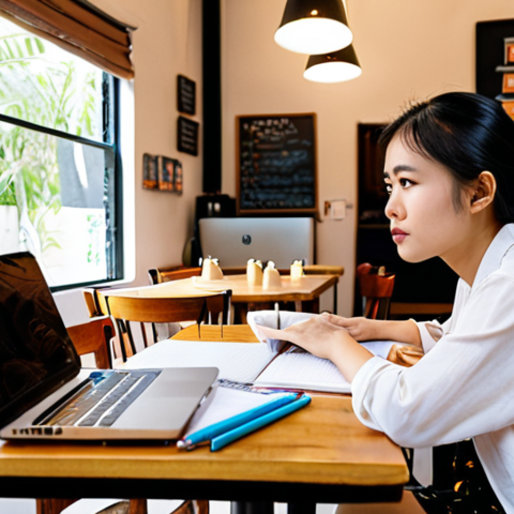 **

A bright, modern coffee shop scene. A young Vietnamese woman sits at a table, surrounded by notebooks and pens. She looks up thoughtfully, a spark of inspiration in her eyes. A laptop is open in front of her, displaying a brainstorming mind map. The overall feeling is relaxed, creative, and productive. Focus on vibrant colors and a sense of "a-ha!" moment.

**