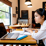 **

A bright, modern coffee shop scene. A young Vietnamese woman sits at a table, surrounded by notebooks and pens. She looks up thoughtfully, a spark of inspiration in her eyes. A laptop is open in front of her, displaying a brainstorming mind map. The overall feeling is relaxed, creative, and productive. Focus on vibrant colors and a sense of "a-ha!" moment.

**