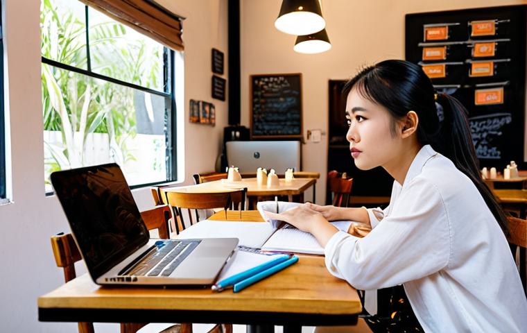 **
A bright, modern coffee shop scene. A young Vietnamese woman sits at a table, surrounded by notebooks and pens. She looks up thoughtfully, a spark of inspiration in her eyes. A laptop is open in front of her, displaying a brainstorming mind map. The overall feeling is relaxed, creative, and productive. Focus on vibrant colors and a sense of "a-ha!" moment.
**